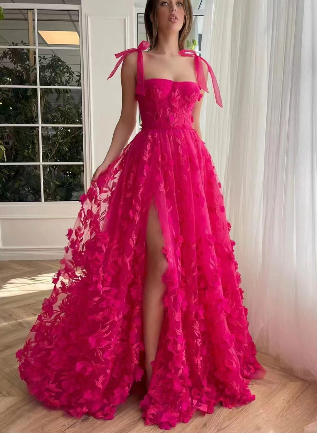 Fuchsia Tie Up Straps Lace Formal Prom Dresses