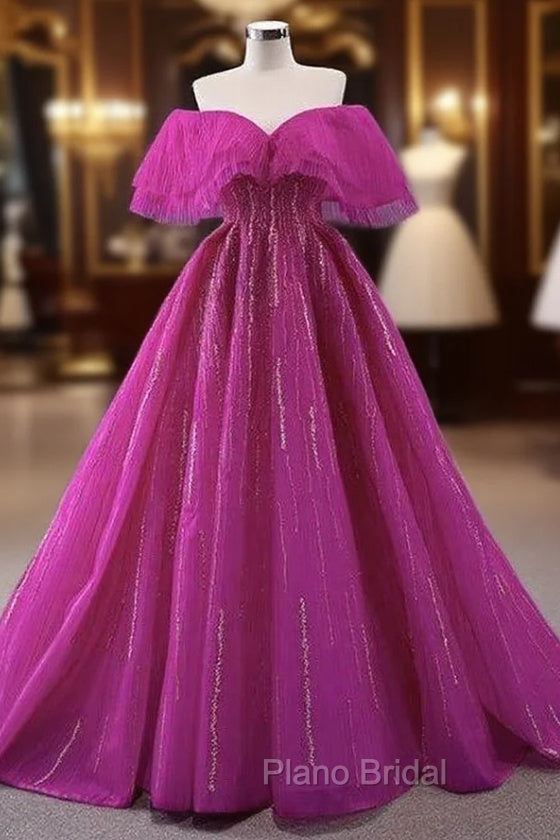 Fuchsia Tulle Beading Off the Shoulder Formal Prom Dresses Main image