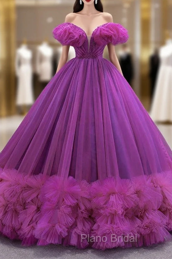 Fuchsia Tulle Off the Shoulder Pearls Formal Prom Dresses Main image