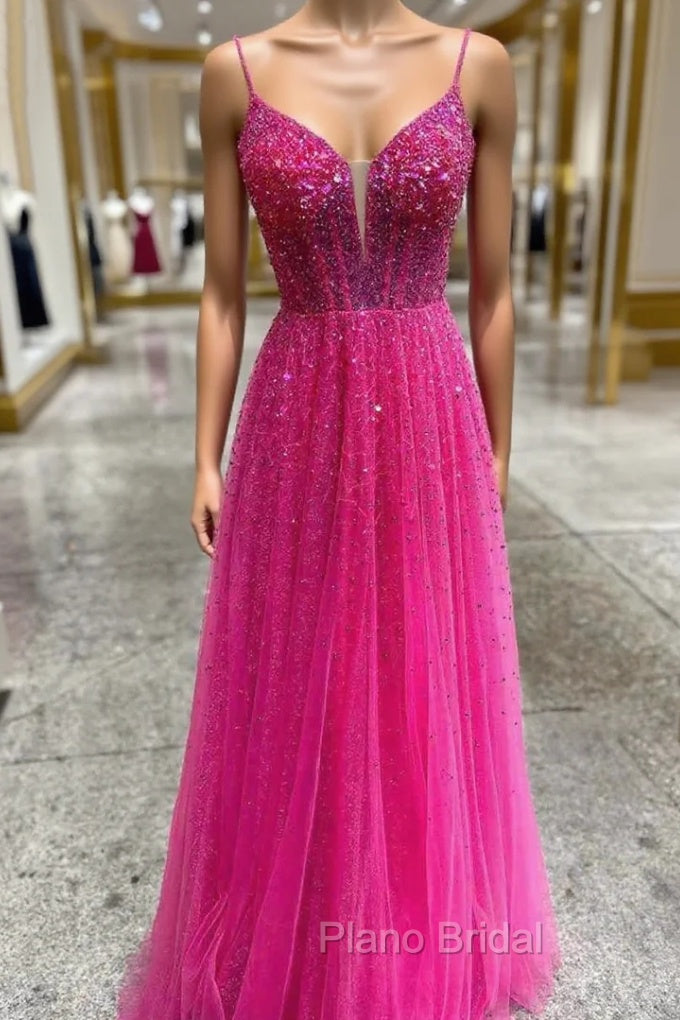 Fuchsia Tulle Spaghetti Straps Formal Prom Dresses