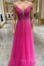 Fuchsia Tulle Spaghetti Straps Formal Prom Dresses