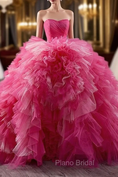 Fuchsia Tulle Strapless Pleats Tiers Princess Dresses Main image