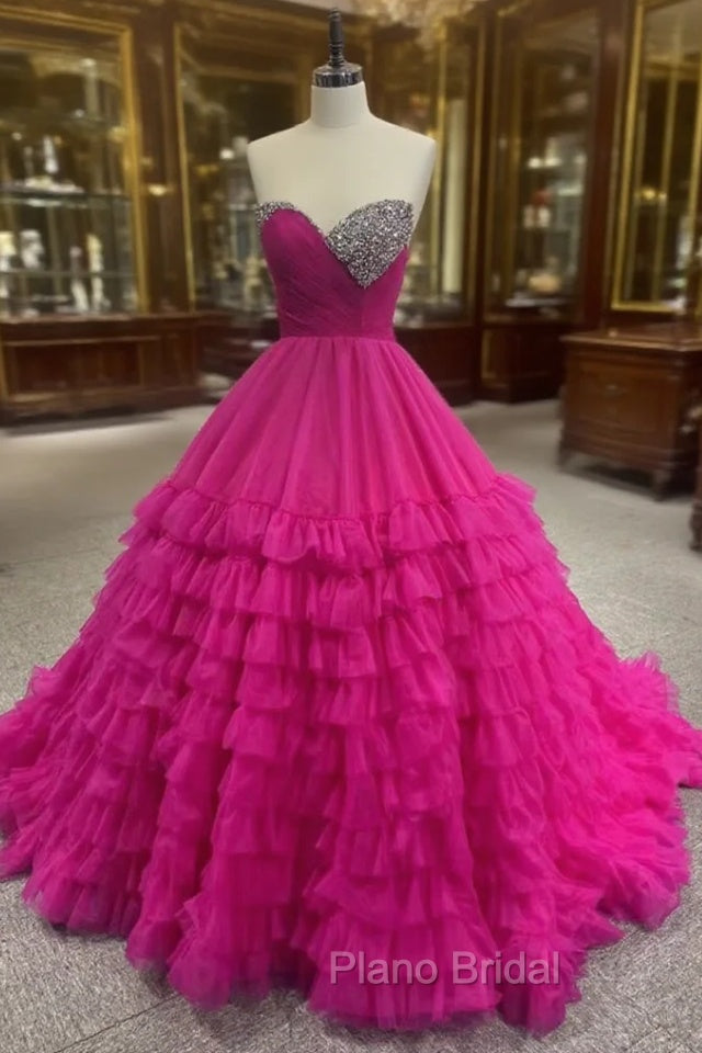 Fuchsia Tulle Sweetheart Beading Formal Prom Dresses Main image
