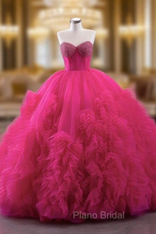 Fuchsia Tulle Sweetheart Neck Pearls Formal Prom Dresses Main image