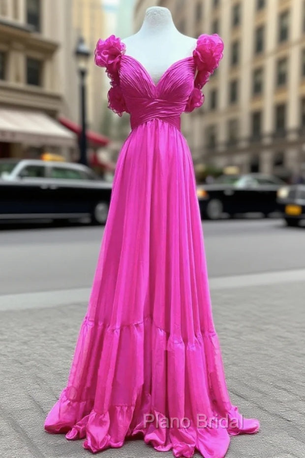 Fuchsia V-neck Pleats Backless Formal Prom Dresses Main image