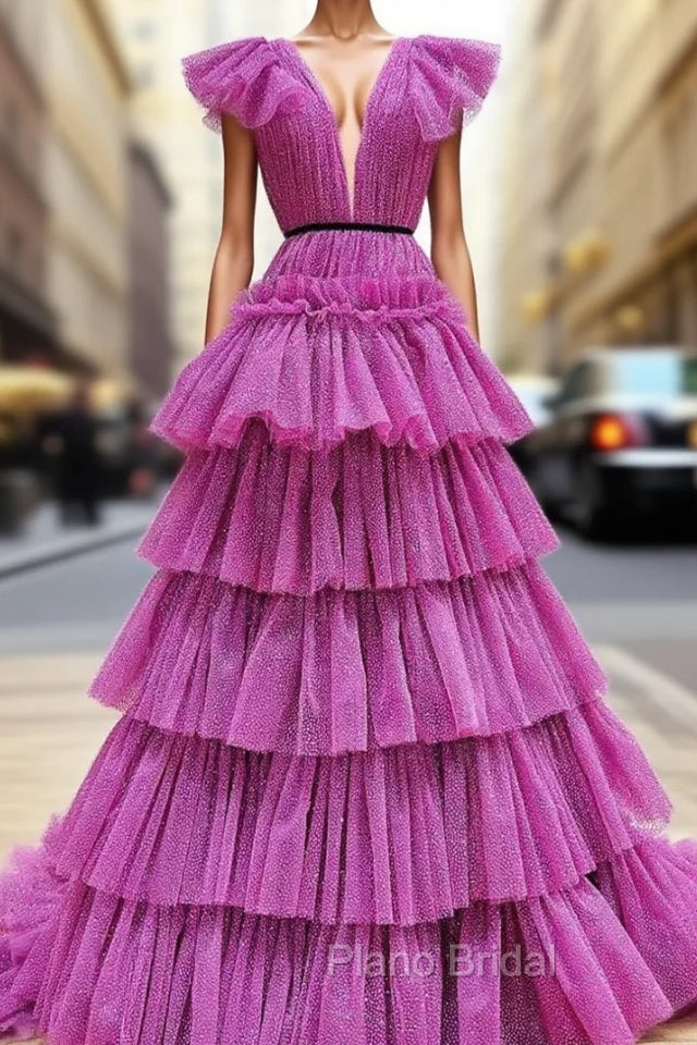 Fuchsia V-neck Pleats Tiers Formal Prom Dresses