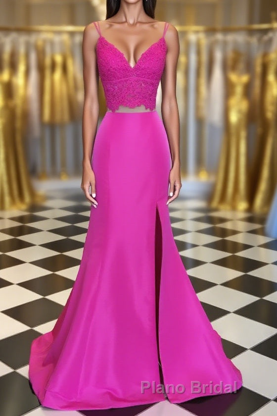 Fuchsia V Neck Two Pieces Mermaid Lace Top Satin Long Formal Prom Dress with Slit, Mermaid Lace Fuchsia Formal Graduation Evening Dresses Main image
