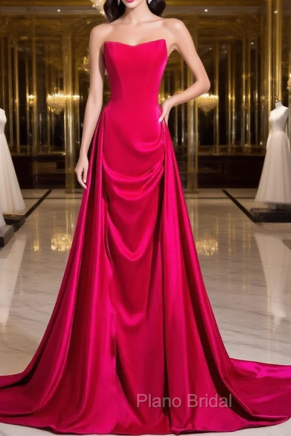 Fuchsia Velvet Satin Strapless Pleats Formal Prom Dresses Main image