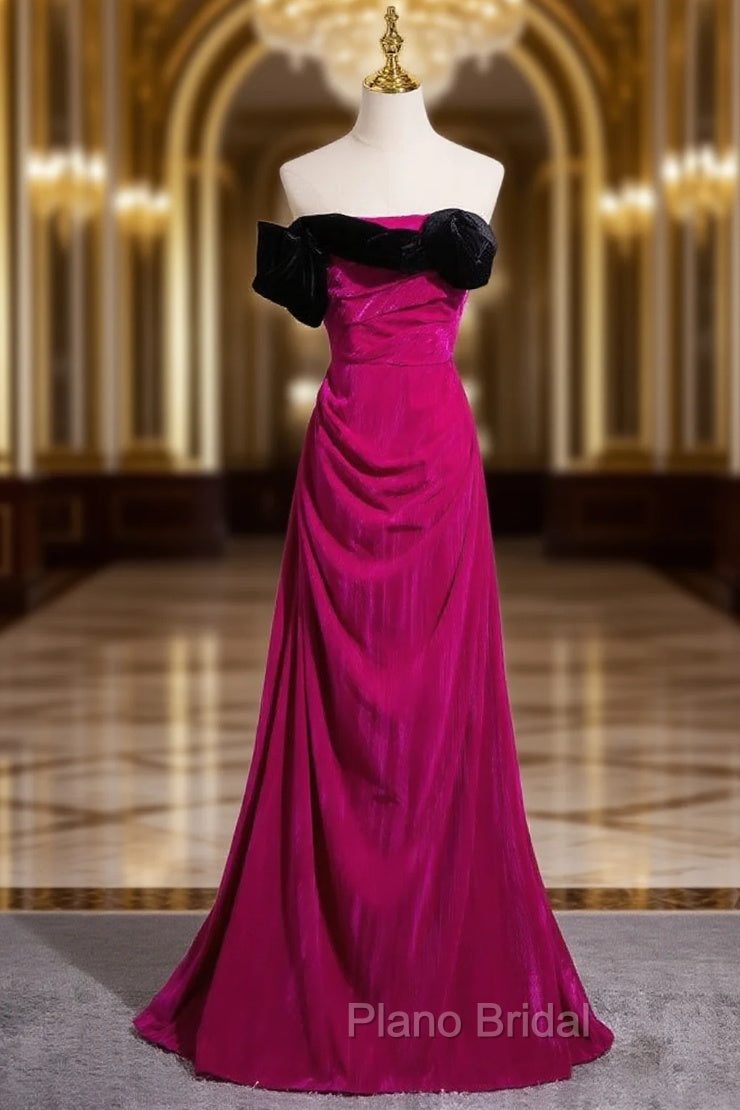 Fuchsia Velvet Strapless Pleats Formal Prom Dresses