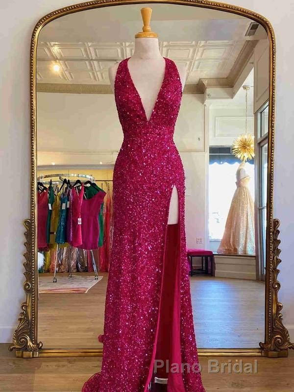 Backless Royal Blue Sequins Formal Prom Gown with Slit