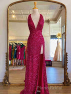 Backless Royal Blue Sequins Formal Prom Gown with Slit