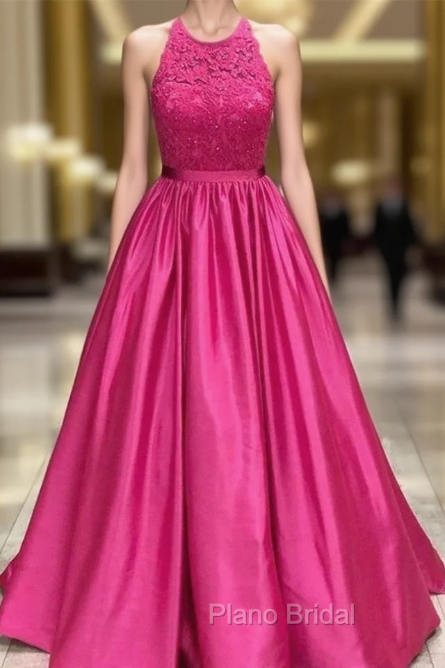 Fuscia Lace Appliques Satin Halter Formal Prom Dresses Main image