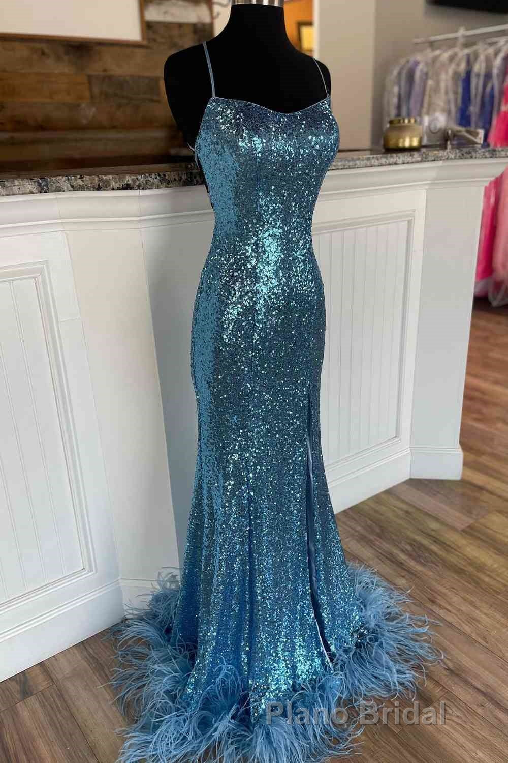 Long Sequined Blue Straps Formal Prom Dresses with Feather Hem Secondary image