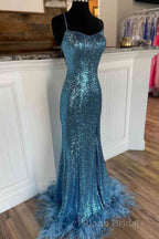 Long Sequined Blue Straps Formal Prom Dresses with Feather Hem