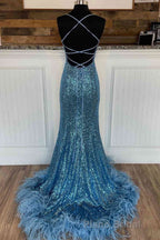 Long Sequined Blue Straps Formal Prom Dresses with Feather Hem