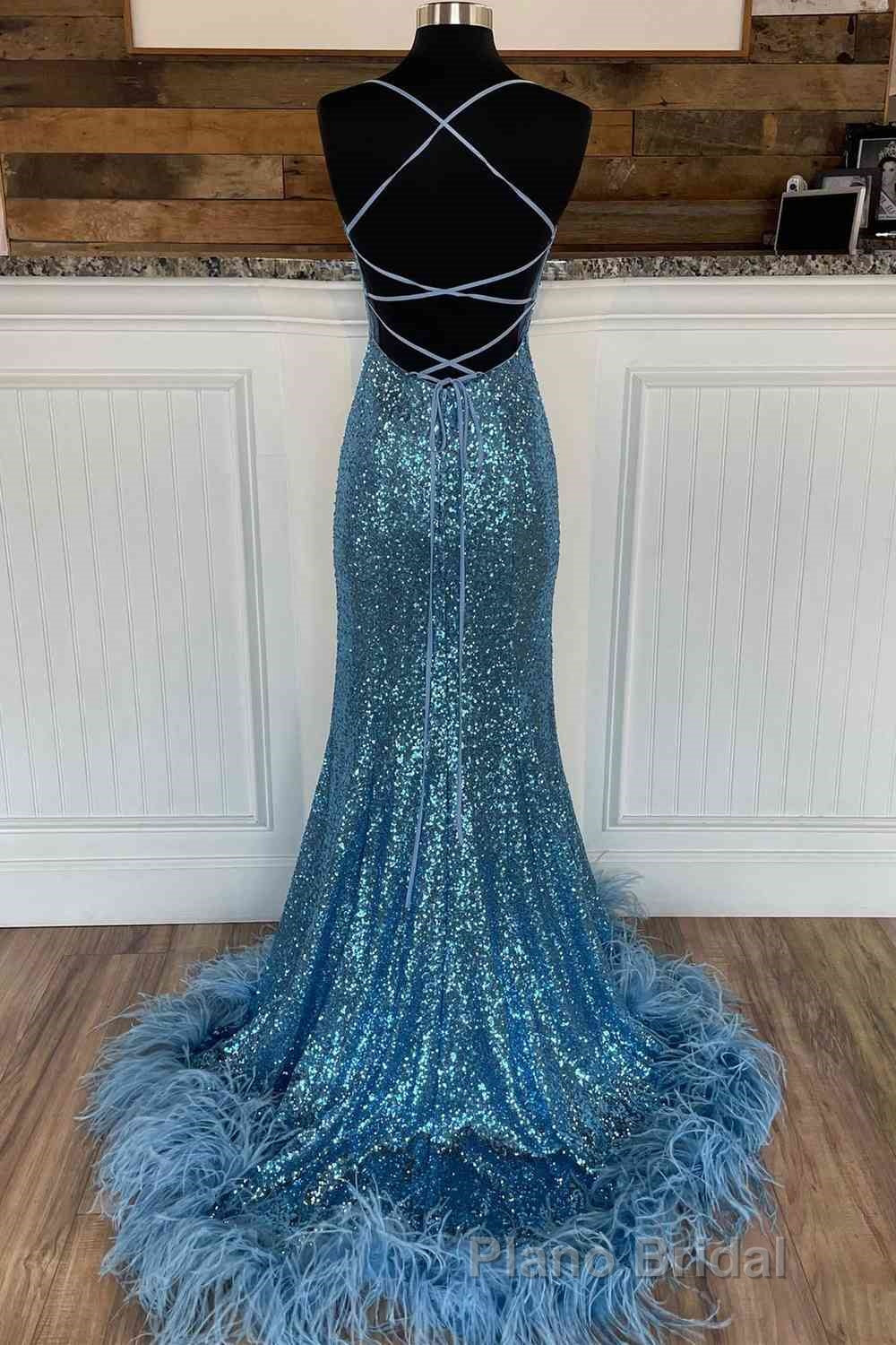 Long Sequined Blue Straps Formal Prom Dresses with Feather Hem