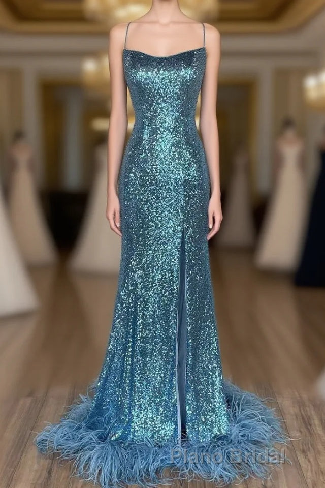 Long Sequined Blue Straps Formal Prom Dresses with Feather Hem Main image