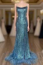 Long Sequined Blue Straps Formal Prom Dresses with Feather Hem