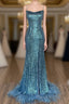 Long Sequined Blue Straps Formal Prom Dresses with Feather Hem