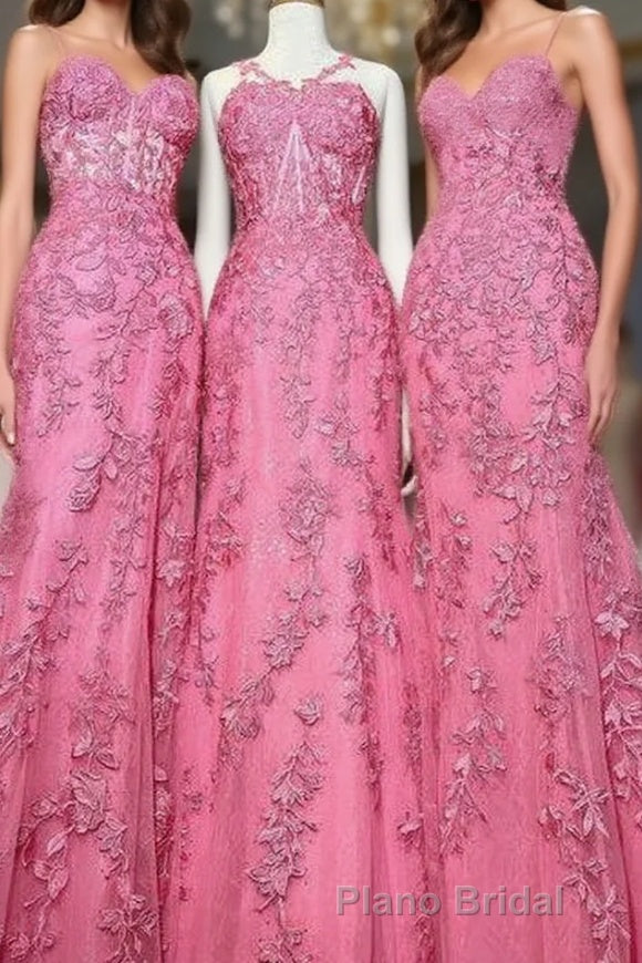 Gorgeous Hot Pink Lace Appliques Long Prom Dresses Main image