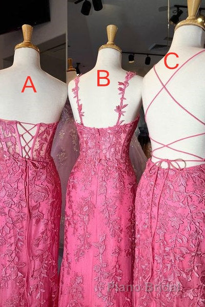 Gorgeous Hot Pink Lace Appliques Long Prom Dresses