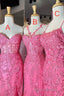 Gorgeous Hot Pink Lace Appliques Long Prom Dresses