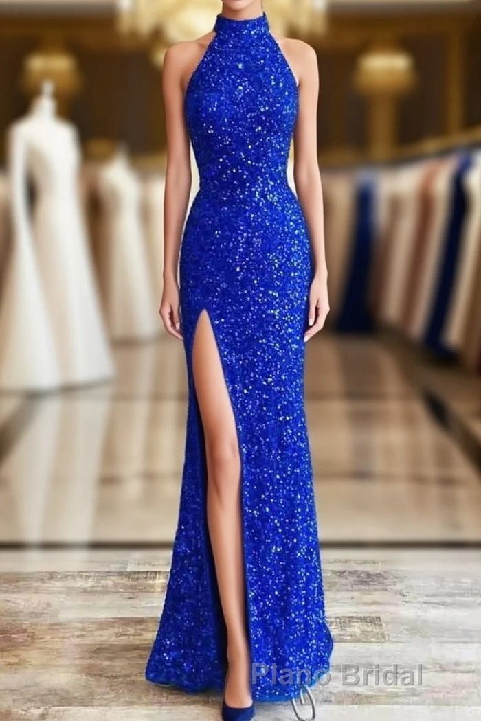 Sequins High Neck Royal Blue Long Party Dresses with Slit Main image