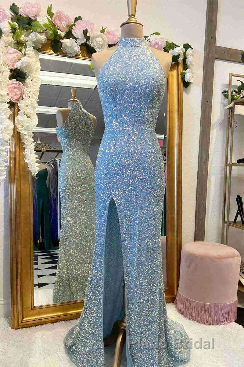 Sequins High Neck Royal Blue Long Party Dresses with Slit