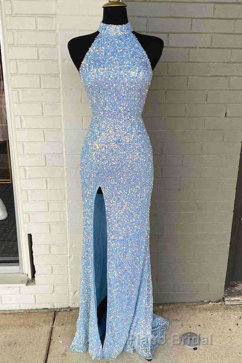 Sequins High Neck Royal Blue Long Party Dresses with Slit