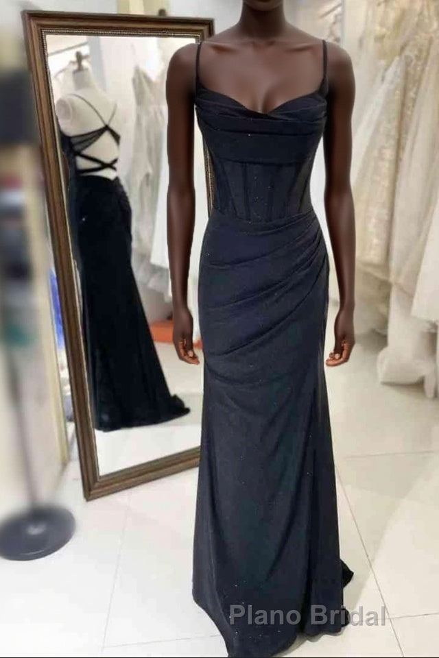 Black Pleated Long Formal Prom Dresses with Spaghetti Straps Main image