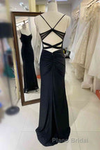 Black Pleated Long Formal Prom Dresses with Spaghetti Straps
