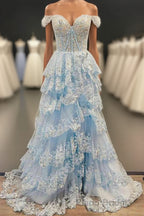 Light Blue Corset Lace Tiered Tulle Long Prom Dresses