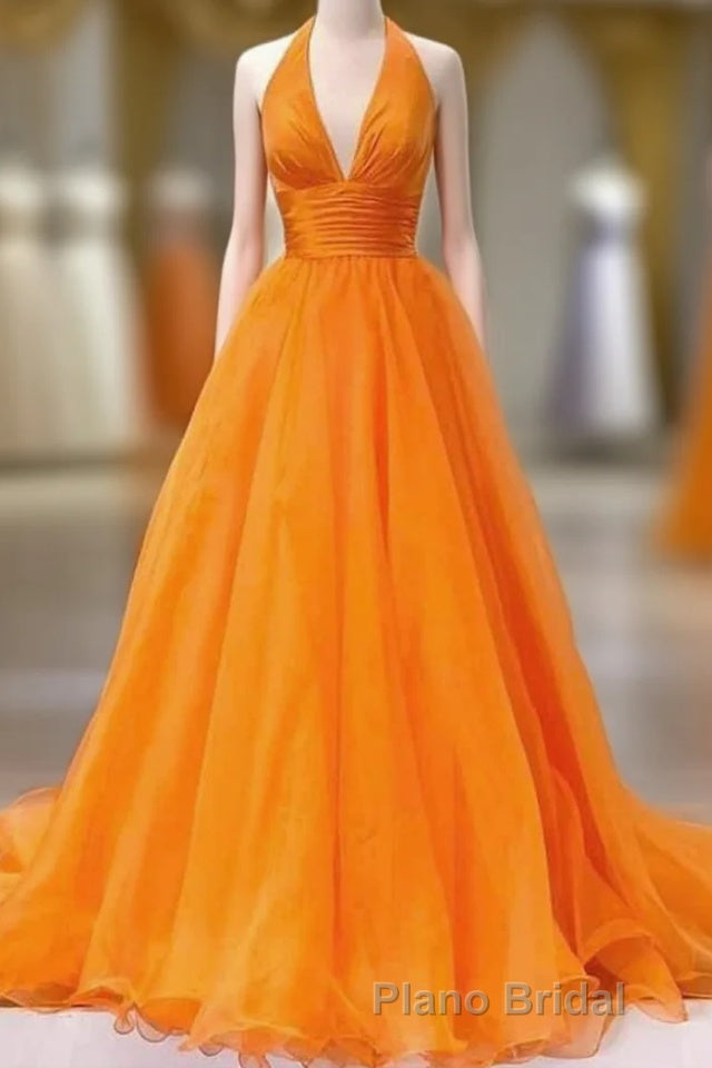 Elegant Orange Halter A-Line Long Party Dresses Main image