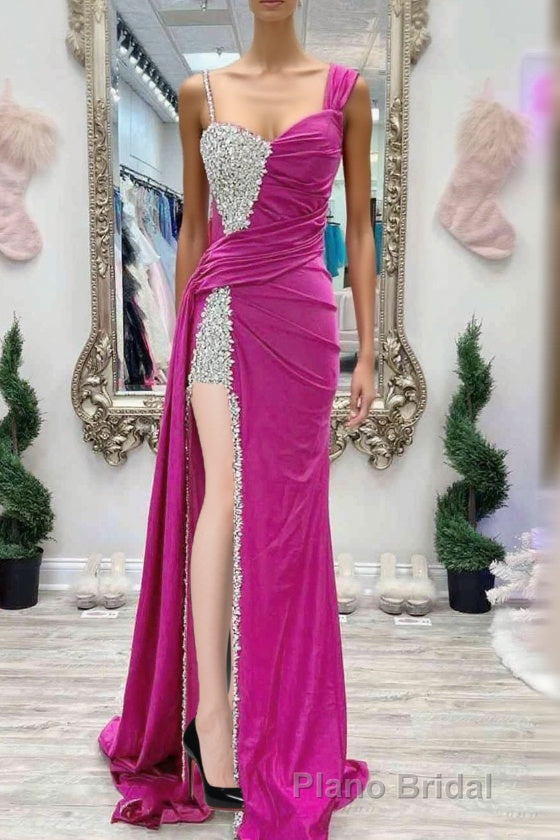 Chic Fuchsia Beaded Long Porm Dresses