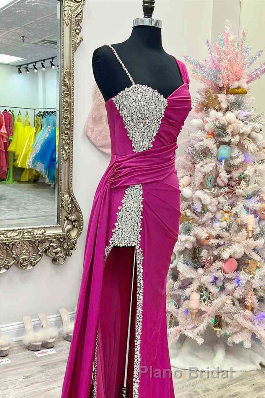 Chic Fuchsia Beaded Long Porm Dresses