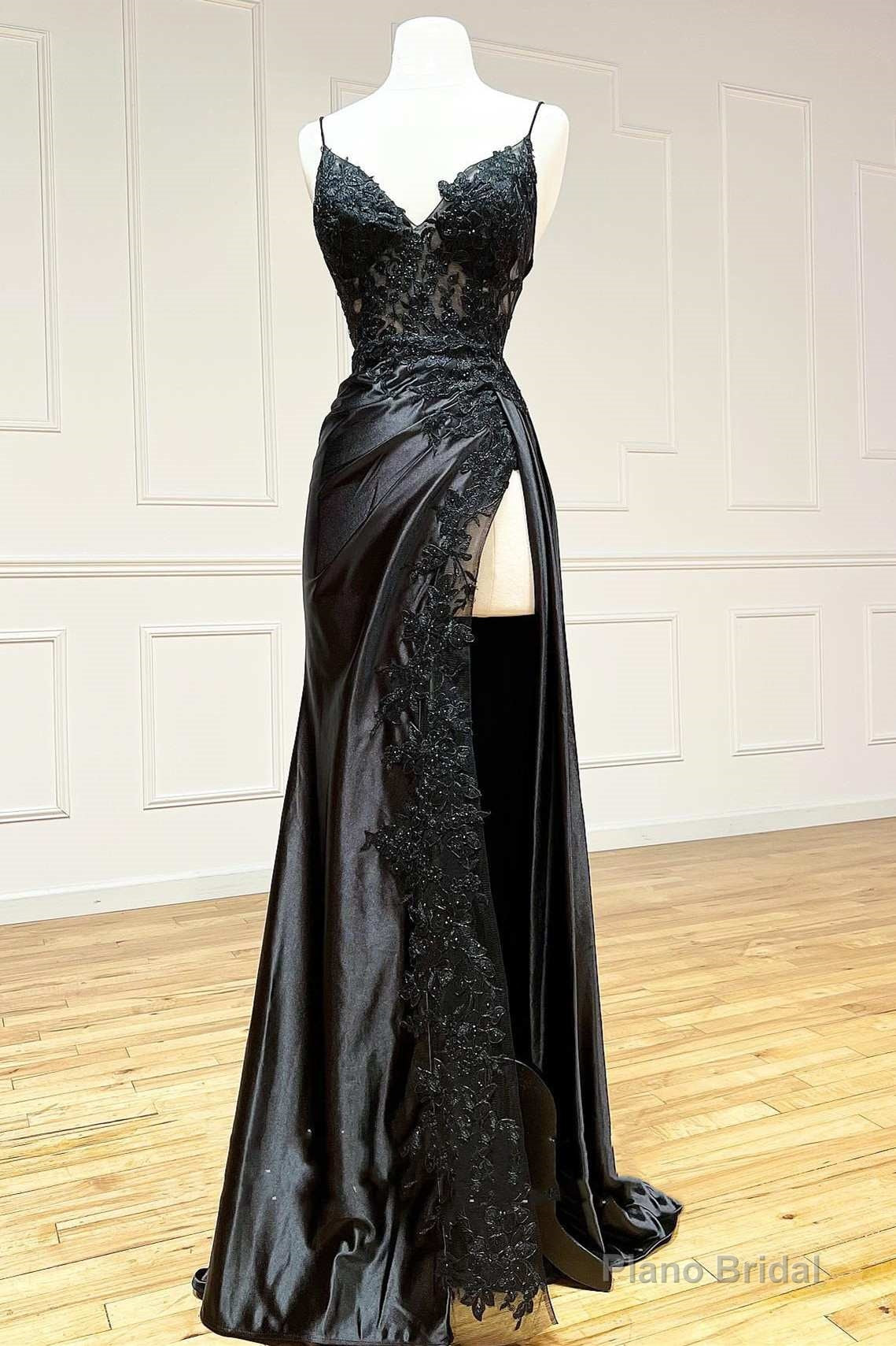 Black Floral Lace V-Neck Long Prom Dress with Slit Secondary image