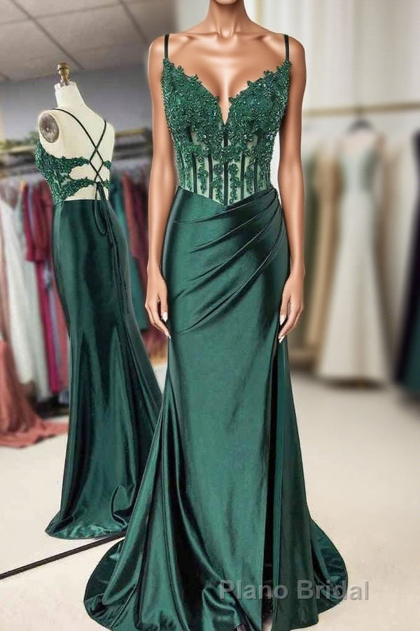 Mermaid Emerald Green Straps Ruched Formal Prom Dresses with Slit Main image