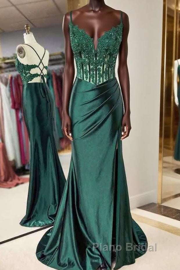 Mermaid Emerald Green Straps Ruched Formal Prom Dresses with Slit Main image