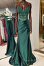 Mermaid Emerald Green Straps Ruched Formal Prom Dresses with Slit
