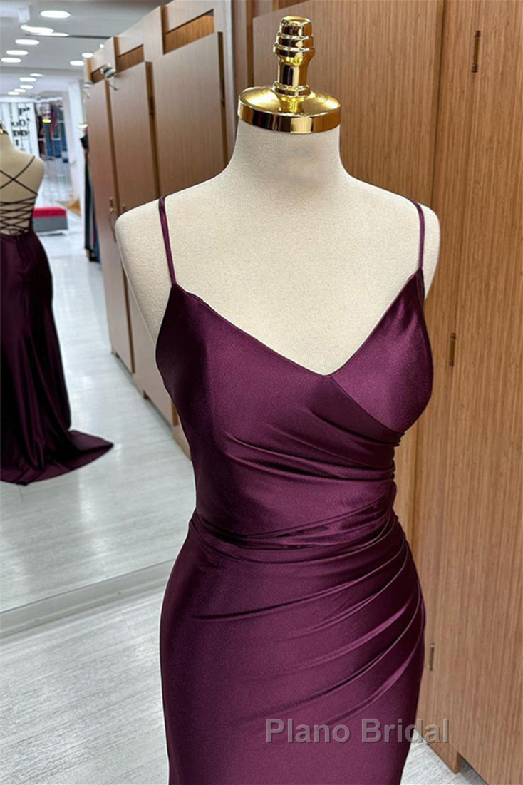 Cabernet Satin V Neck Lace-Up Back Pleated Long Formal Prom Dress with Silt Secondary image