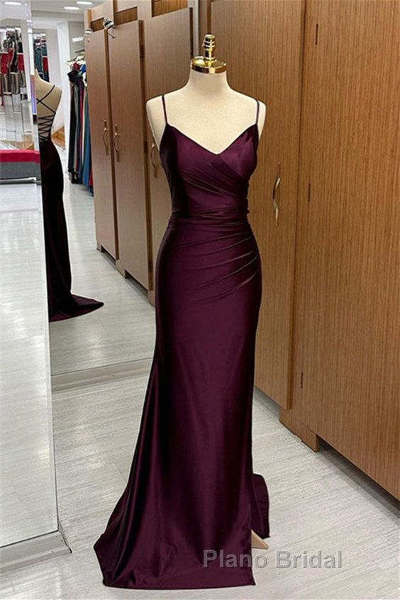Cabernet Satin V Neck Lace-Up Back Pleated Long Formal Prom Dress with Silt Main image