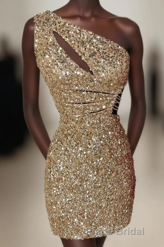 One Shoulder Gold Cutout Sequin Tight Homecoming Dresses