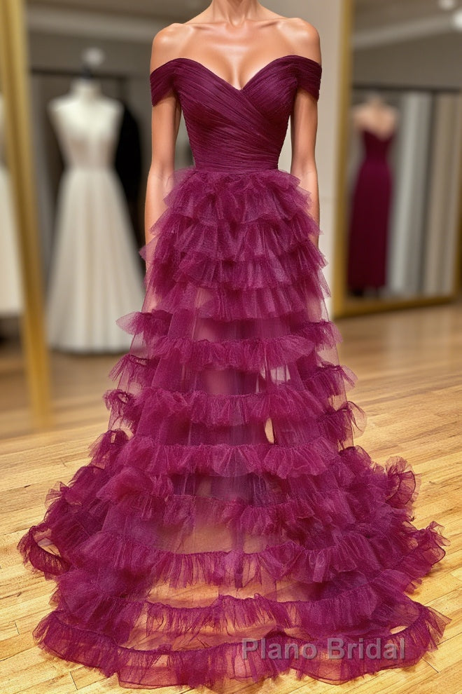 Off the Shoulder Burgundy Pleated Sheer Tiered Formal Prom Dresses Main image