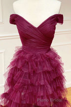 Off the Shoulder Burgundy Pleated Sheer Tiered Formal Prom Dresses