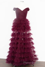 Off the Shoulder Burgundy Pleated Sheer Tiered Formal Prom Dresses
