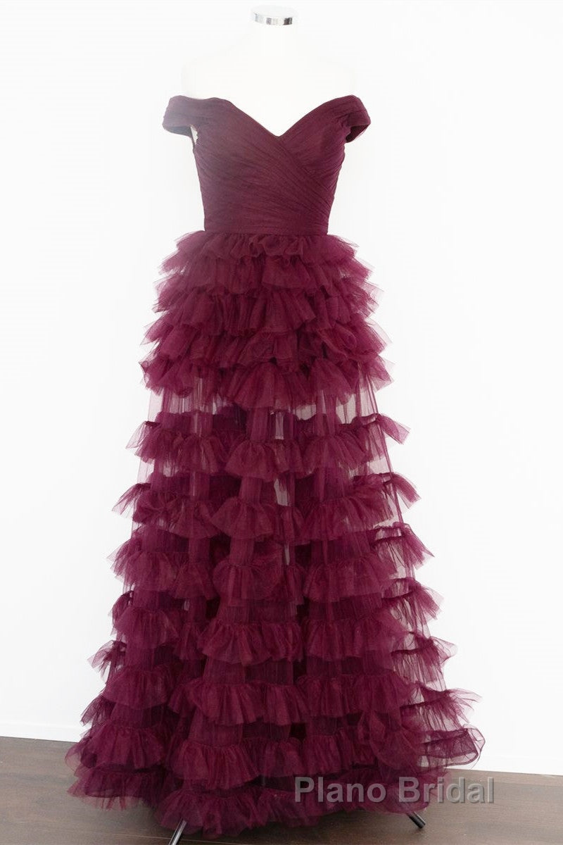 Off the Shoulder Burgundy Pleated Sheer Tiered Formal Prom Dresses
