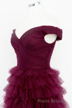 Off the Shoulder Burgundy Pleated Sheer Tiered Formal Prom Dresses