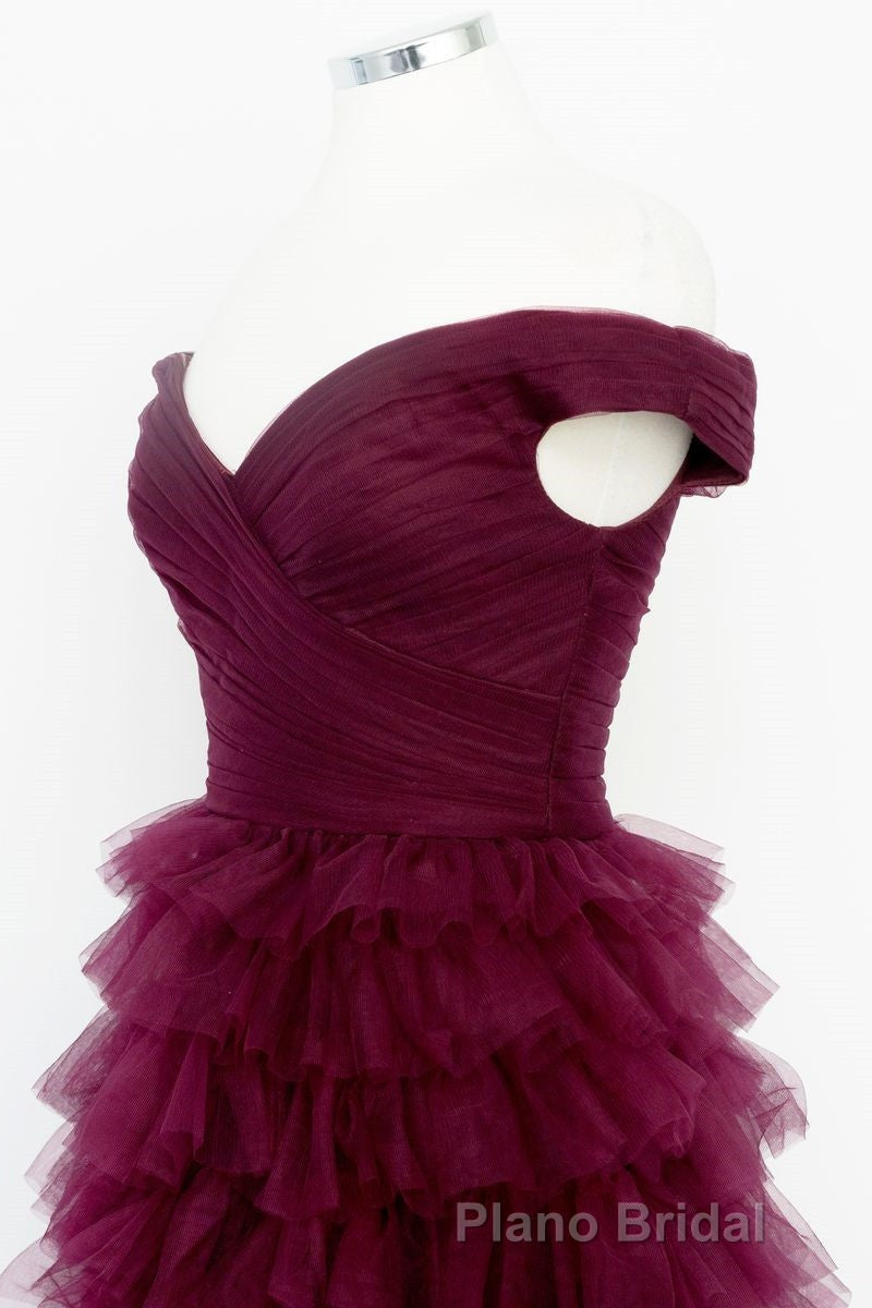 Off the Shoulder Burgundy Pleated Sheer Tiered Formal Prom Dresses