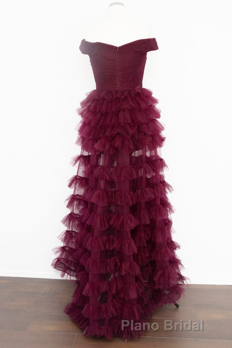 Off the Shoulder Burgundy Pleated Sheer Tiered Formal Prom Dresses