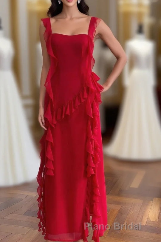 Square Neck Red Ruffle Chiffon Long Party Dresses Main image